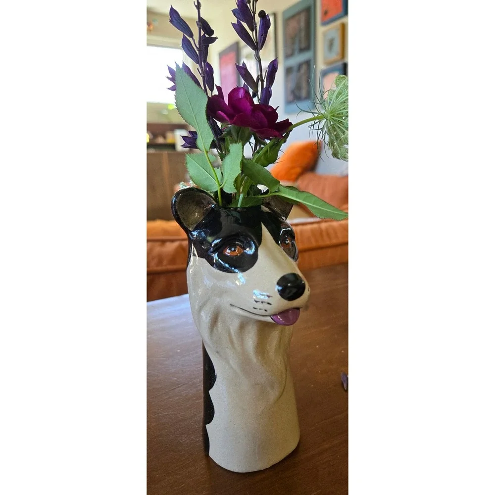 Kitschy Hand Painted Ceramic Dog Head Bud Vase Border Collie Figurine Glossy 7